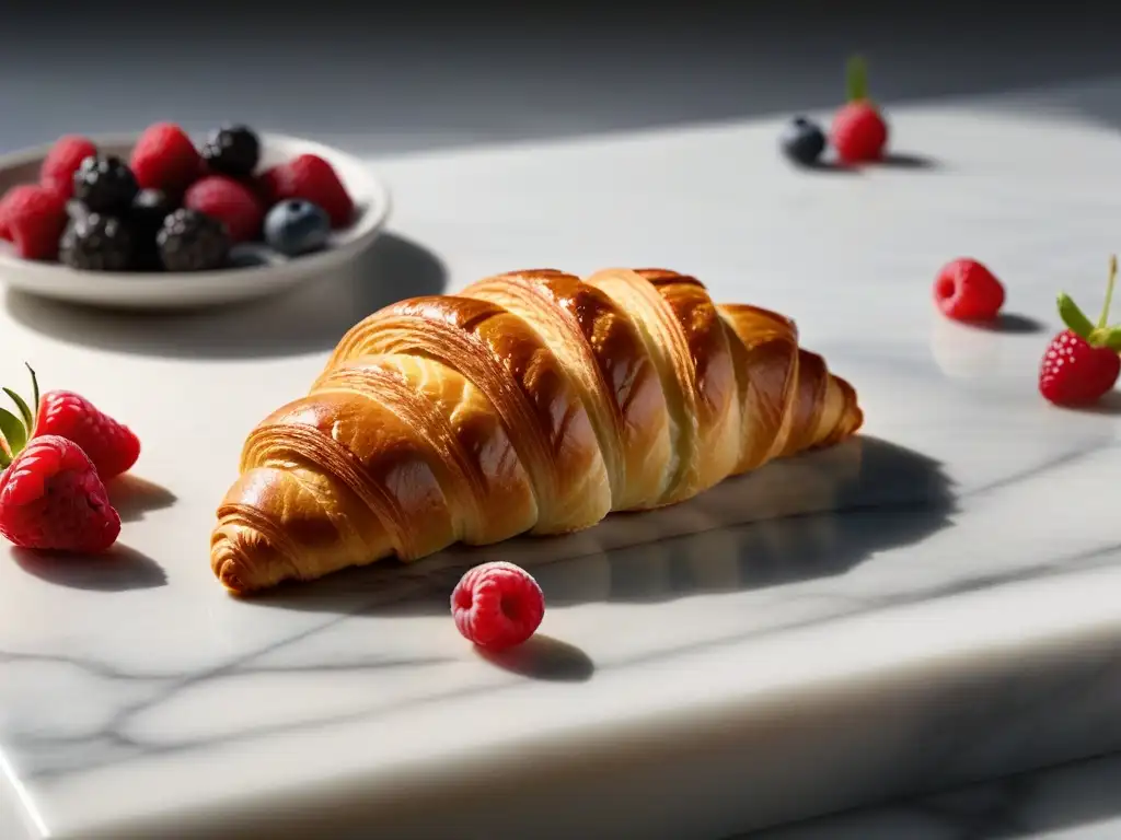 Exquisita escena de un croissant vegano en mármol con bayas frescas