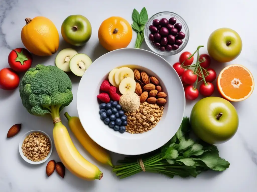 Exquisita variedad de alimentos veganos en mármol blanco Una exquisita exhibición de alimentos veganos frescos y coloridos en un elegante mostrador de mármol blanco