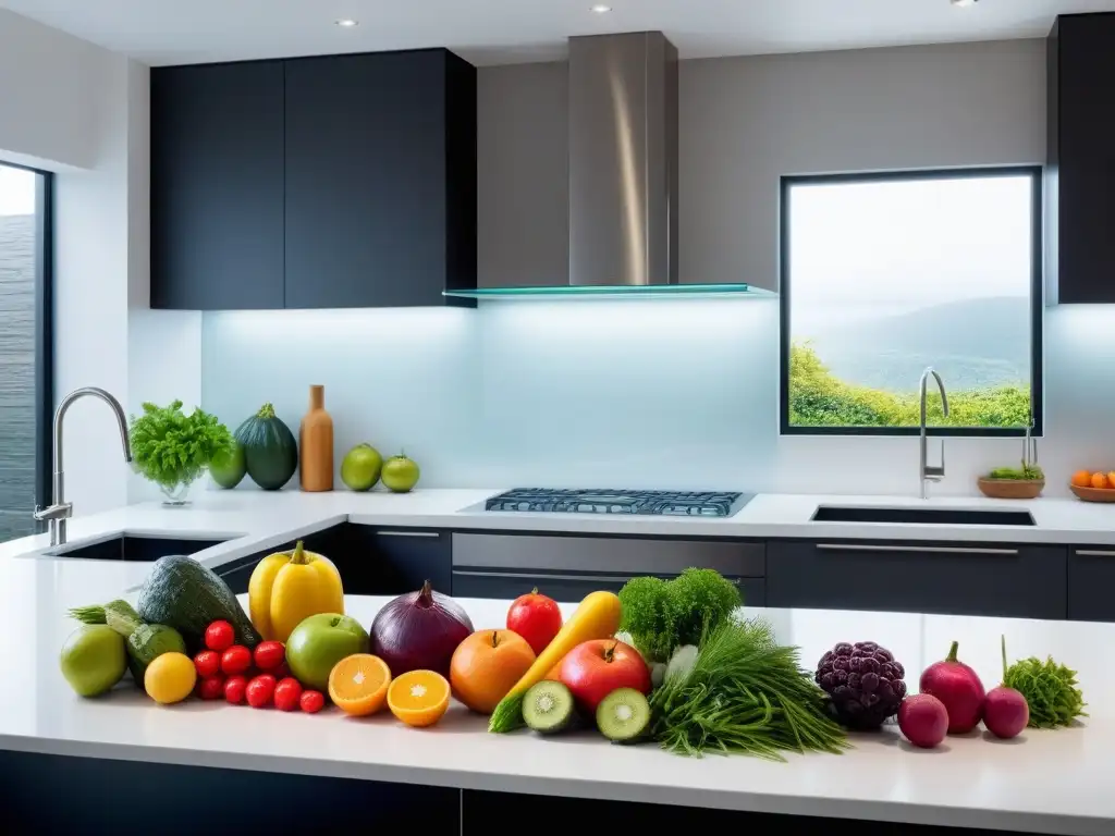 Una exquisita exhibición de frutas y verduras en una cocina moderna, reflejando las técnicas de maceración para veganos