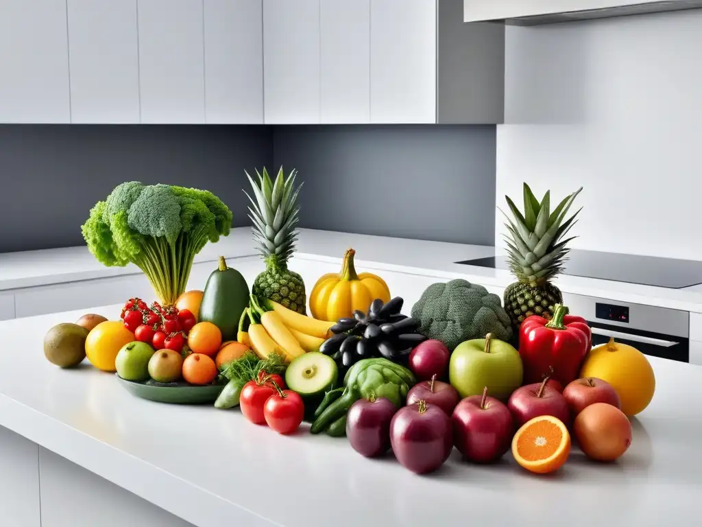 Una exquisita exhibición de frutas y verduras coloridas en una cocina moderna