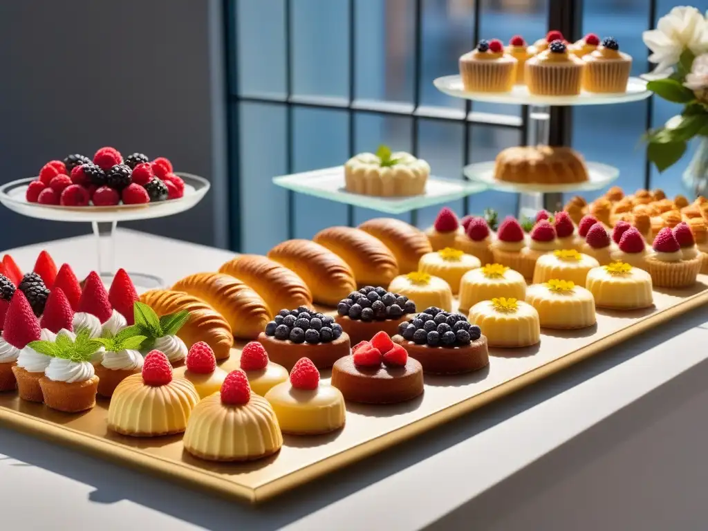 Una exquisita exhibición de pastelería vegana con endulzantes naturales en un ambiente elegante y moderno