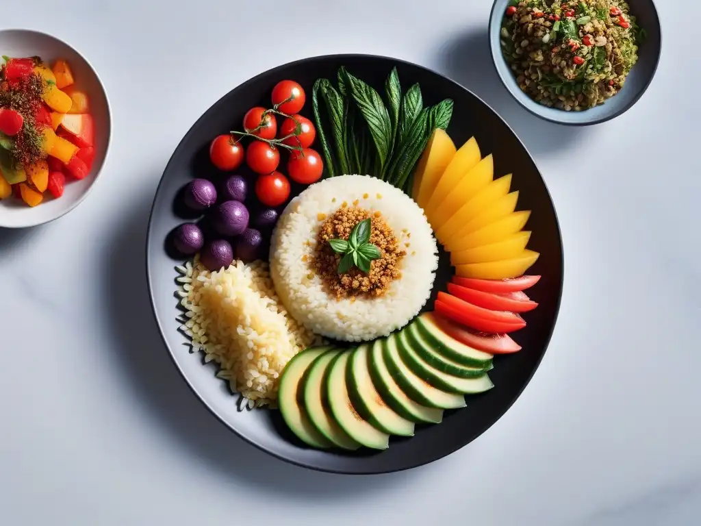 Una exquisita exhibición de platos veganos coloridos y armoniosos, en un entorno de cocina minimalista