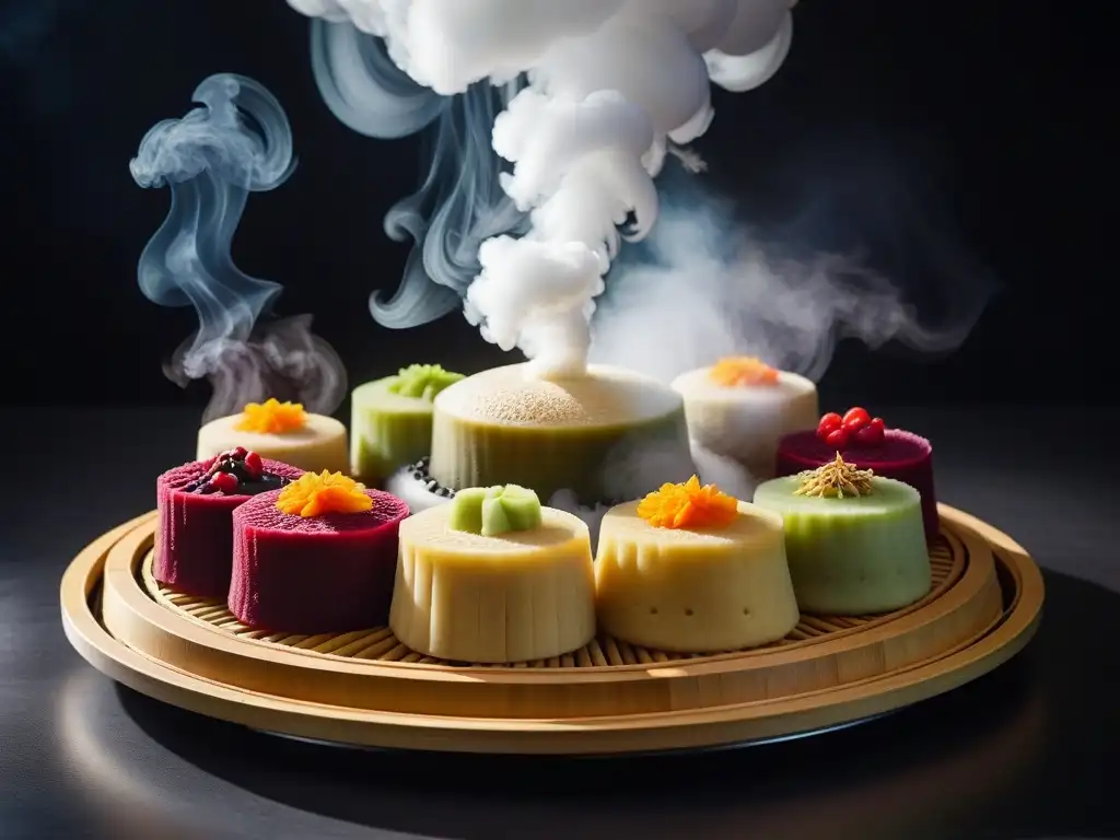 Una exquisita exhibición de postres veganos al vapor, con colores vibrantes y diseños intrincados en un vaporoso bambú