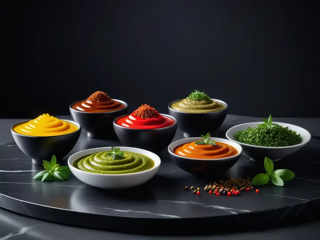 Una exquisita exhibición de salsas veganas coloridas, decoradas con hierbas frescas y especias sobre un elegante mostrador de mármol negro