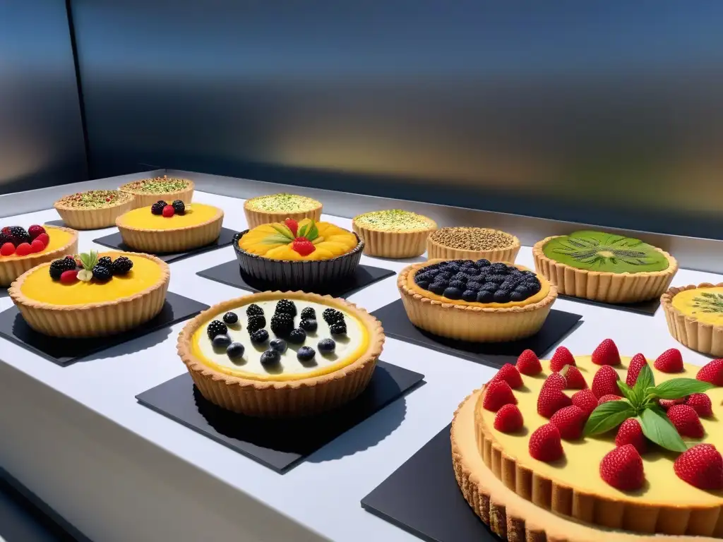 Una exquisita exhibición de tartas y quiches veganas deliciosas en una elegante panadería vegana moderna