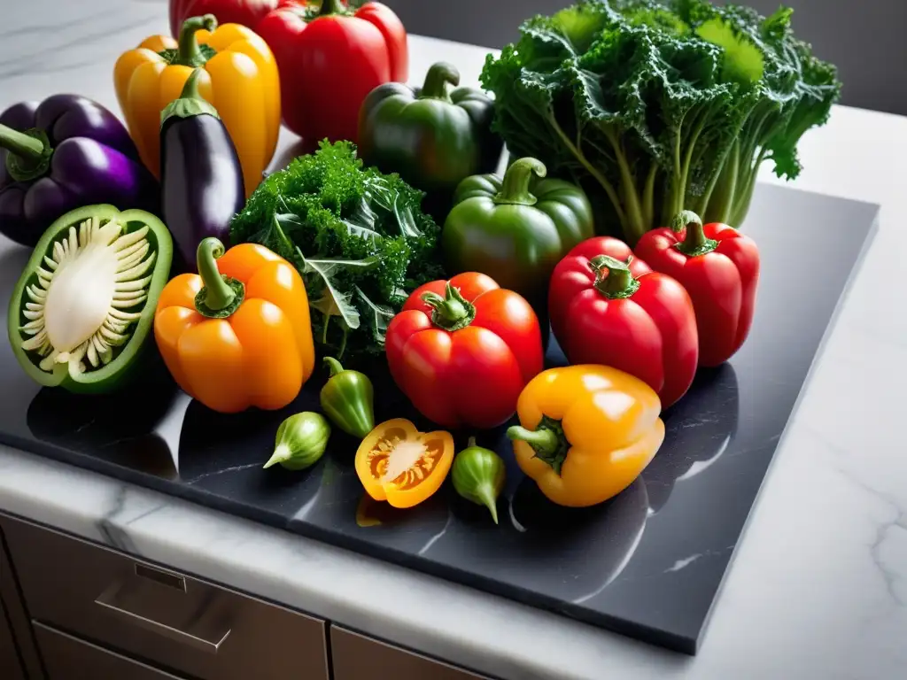 Una exquisita exposición de verduras frescas y coloridas en una encimera de mármol, iluminada suavemente