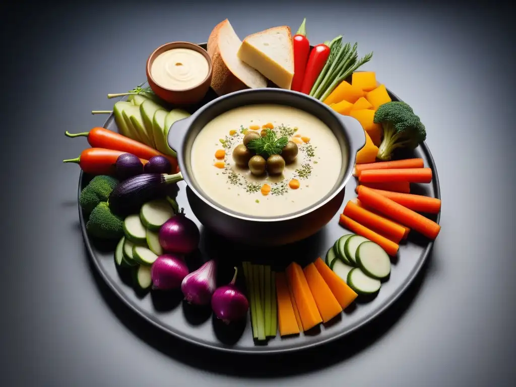 Fondue vegana: plato moderno y colorido Una exquisita fondue vegana con quesos veganos para fondue, verduras coloridas y pan recién horneado en una presentación moderna y elegante