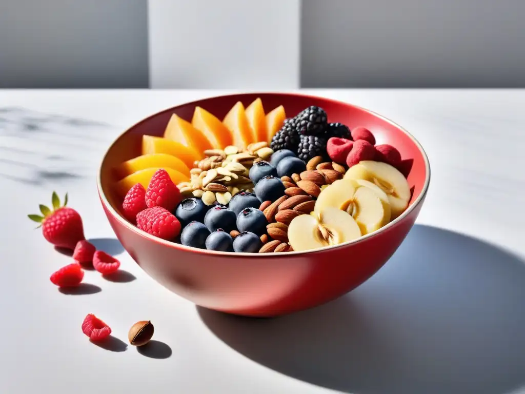 Una exquisita fuente de energía y color con bayas de goji, frutas, nueces y semillas variadas