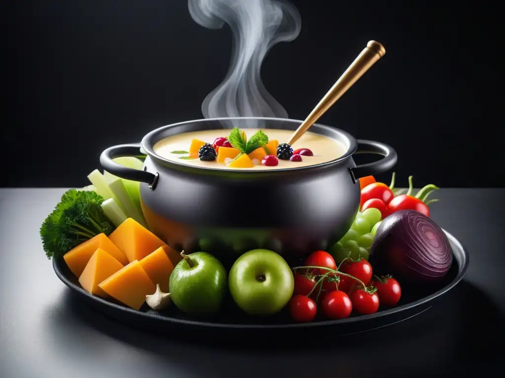 Sabores vibrantes: Fondue vegano y vegetales frescos Una exquisita fuente de quesos veganos para fondue rodeada de coloridas frutas y verduras frescas
