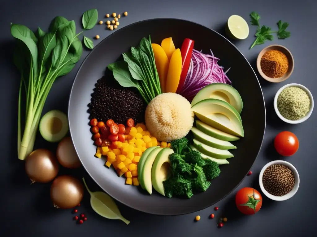 Una exquisita fusión de ingredientes de cocina vegana de diversas culturas, detallados y coloridos, en armonía culinaria