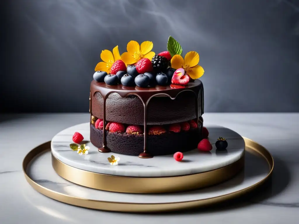 Exquisita fusión de repostería: pastel vegano de chocolate con frutas y flores, sobre plato de mármol