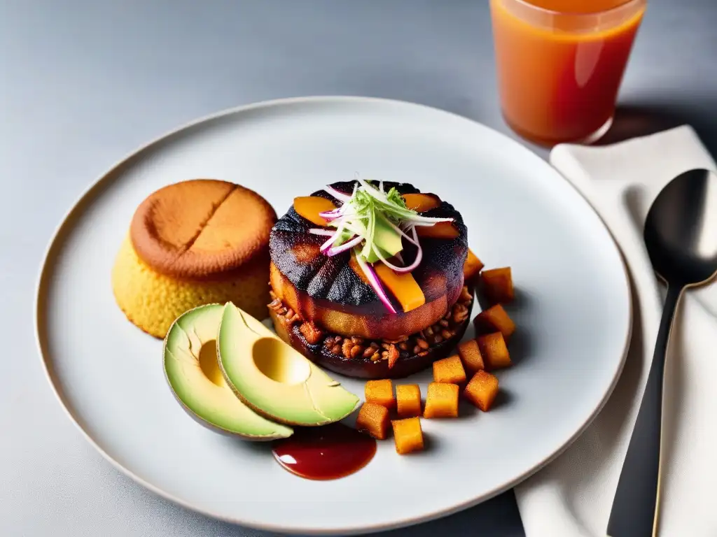 Exquisita fusión vegana americana en un plato blanco minimalista con jackfruit BBQ, batatas fritas y ensalada de aguacate