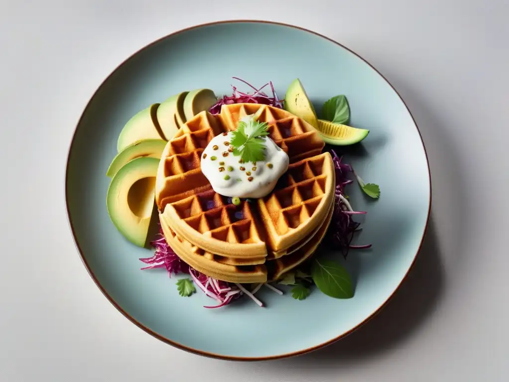 Exquisita fusión vegana inspirada en la comida americana: jackfruit a la barbacoa, waffles de maíz, aderezo de aguacate y ensalada encurtida, presentados con arte en un plato minimalista