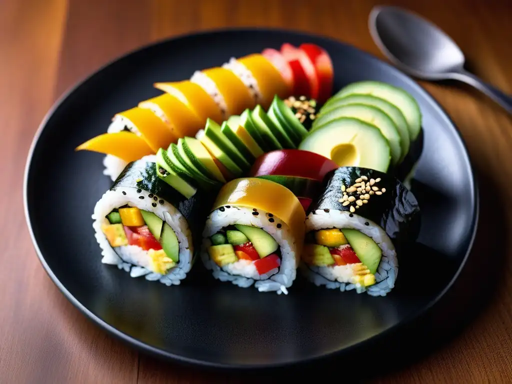 Exquisita fusión vegana de sushi con ingredientes frescos en un plato negro