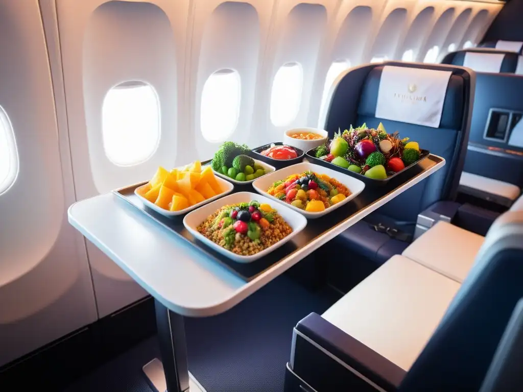 Exquisita gastronomía vegana en aerolíneas: elegantes platos coloridos en un lujoso interior de avión