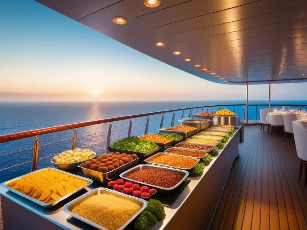 Exquisita gastronomía vegana en crucero, decoración elegante al atardecer