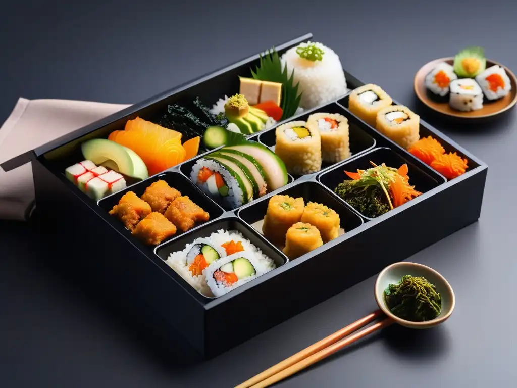 Exquisita Gastronomía Vegana en Japón Tradicional en una elegante caja bento con comida colorida y detallada