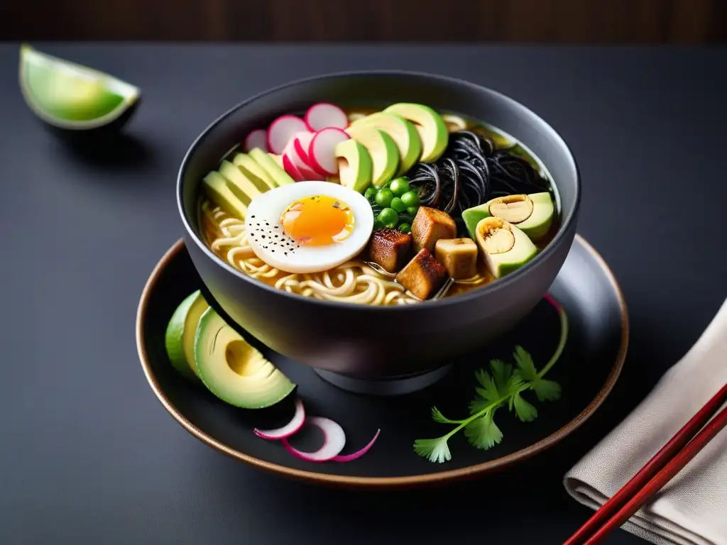 Una exquisita imagen detallada de un tazón de ramen vegano gourmet con ingredientes variados y coloridos