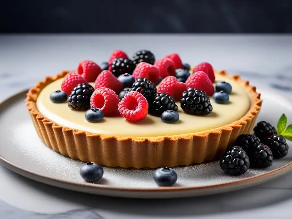 Una exquisita imagen de una tarta vegana de bayas con sabores combinados, decorada con detalle y coloridas frutas frescas