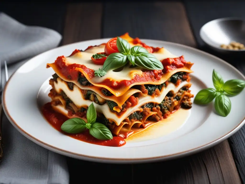 Una exquisita lasaña vegana sin gluten en una cena italiana, con capas de verduras asadas, queso de anacardos y salsa de tomate