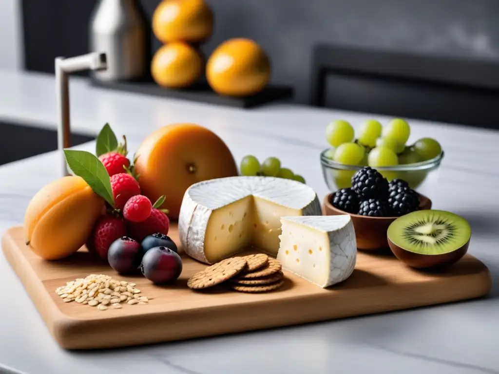 Una exquisita y lujosa presentación culinaria de quesos veganos artesanales, incluyendo un hermoso Roquefort vegano