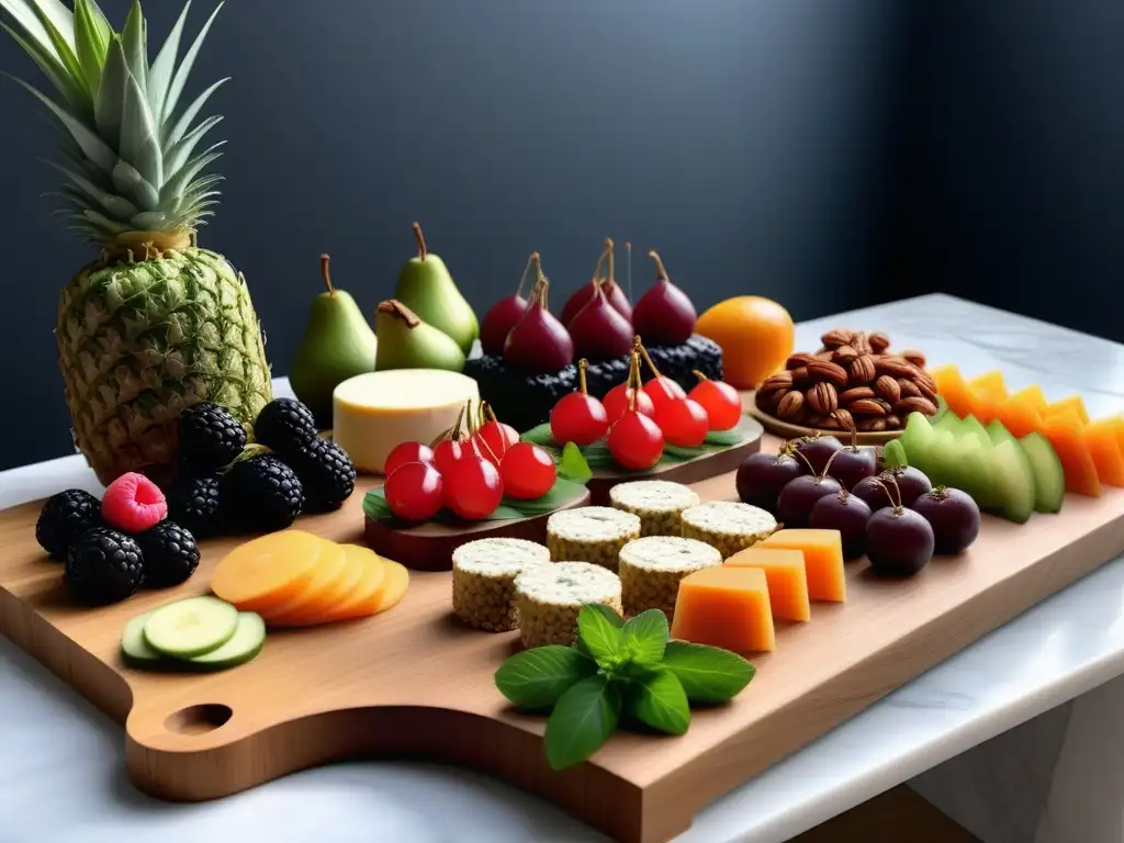 Exquisita mesa de aperitivos veganos creativos para fiestas con frutas, verduras y quesos vegetales en platos de madera y tablas de mármol