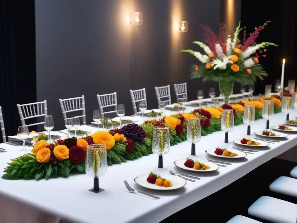 Exquisita mesa de banquete decorada con platos veganos en evento sofisticado