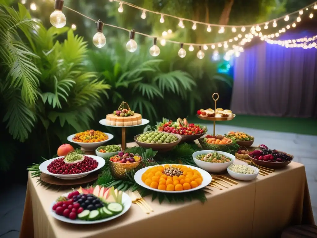 Exquisita mesa de comida vegana en evento al aire libre con platos coloridos y elegantes