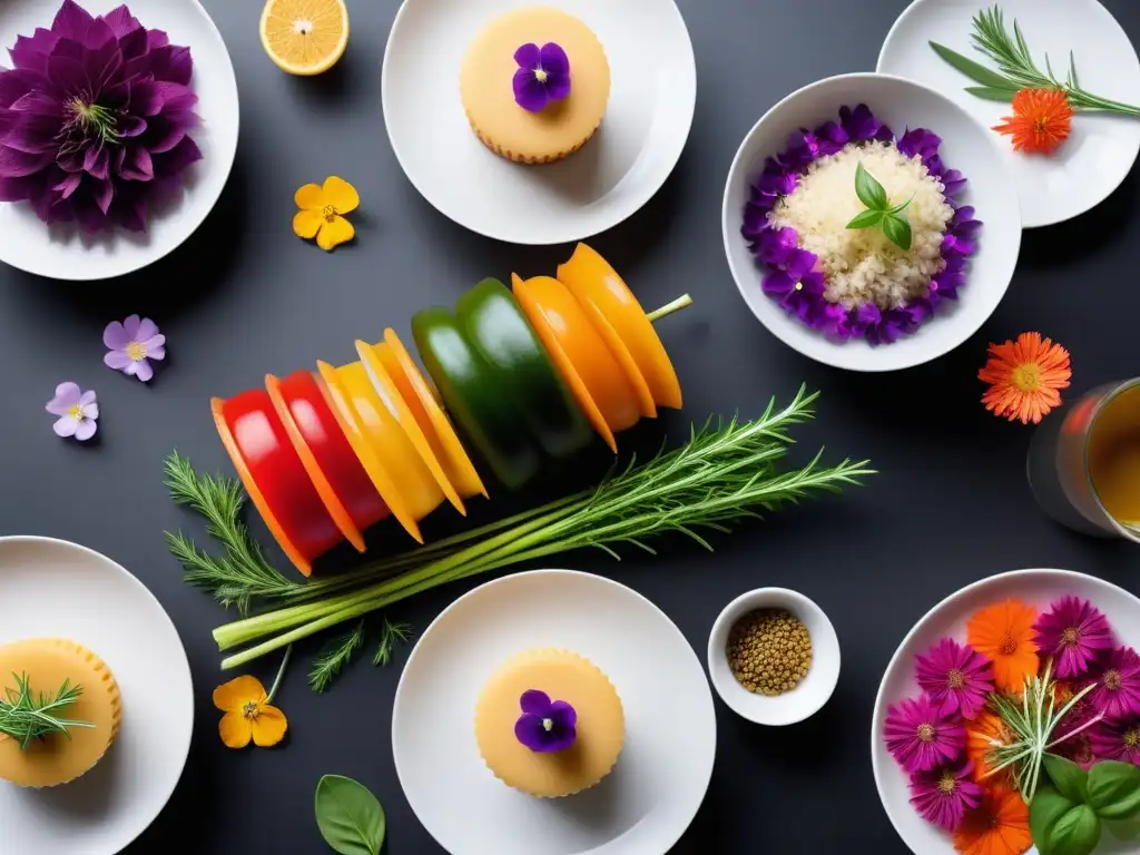 Una exquisita mesa minimalista con coloridos platillos veganos, decorados con hierbas y flores comestibles