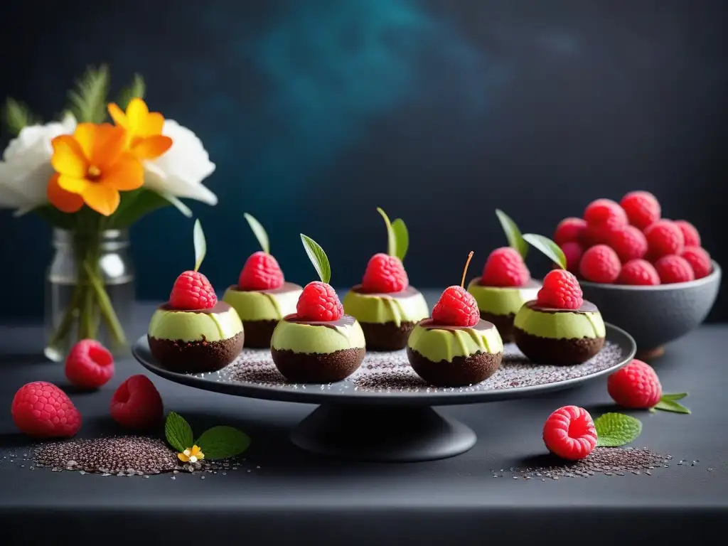 Exquisita mesa de postres veganos sin alérgenos con mousse de aguacate, bolitas de coco y pudin de chía, decorada con frutas y flores comestibles