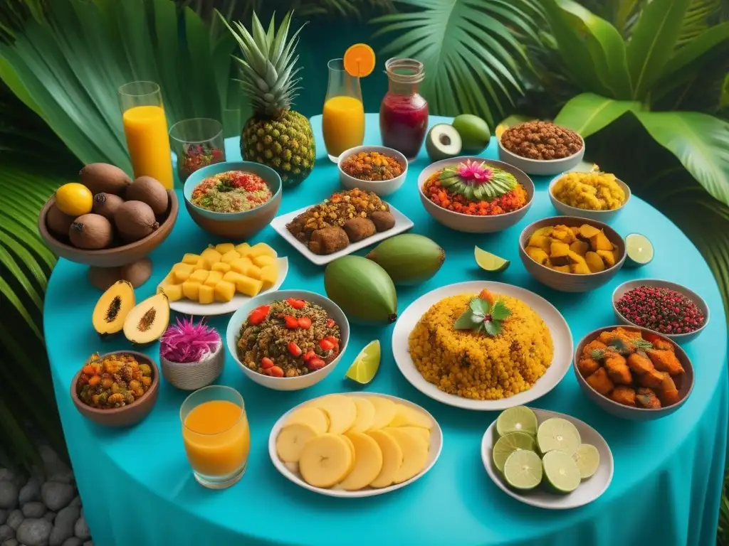 Una exquisita mesa de festín vegano caribeño con frutas tropicales, plátanos y especias exóticas