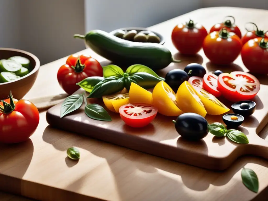 Una exquisita mezcla colorida de ingredientes frescos mediterráneos en una tabla de madera, bañados por la luz solar
