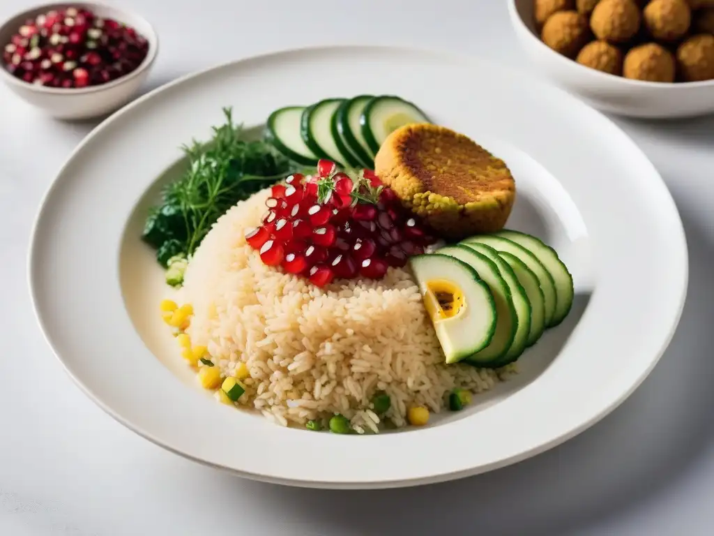 Una exquisita mezcla de comidas veganas mediorientales rápidas en un plato blanco moderno