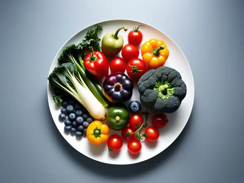 Una exquisita mezcla de frutas y verduras antioxidantes en un plato blanco moderno, resaltando los beneficios antioxidantes de la dieta vegana