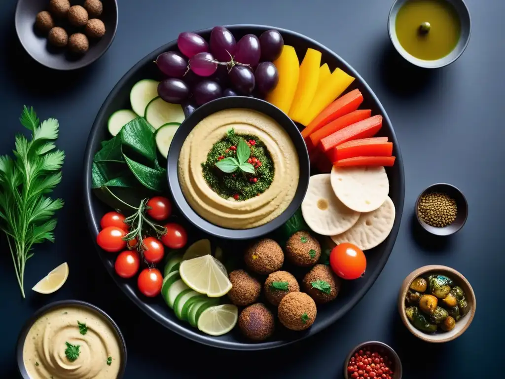 Una exquisita mezcla de mezze vegano con colores vibrantes y sabores variados