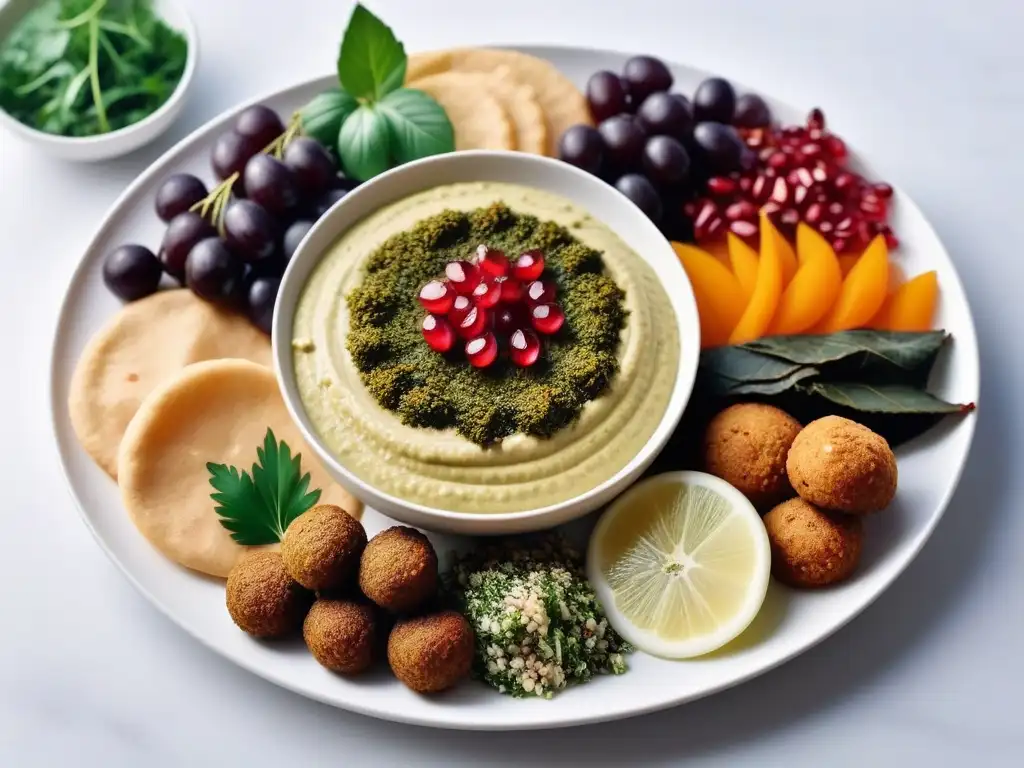 Una exquisita mezcla vegana de Medio Oriente con hummus, baba ganoush, falafel y tabbouleh, presentada elegantemente en un plato blanco minimalista