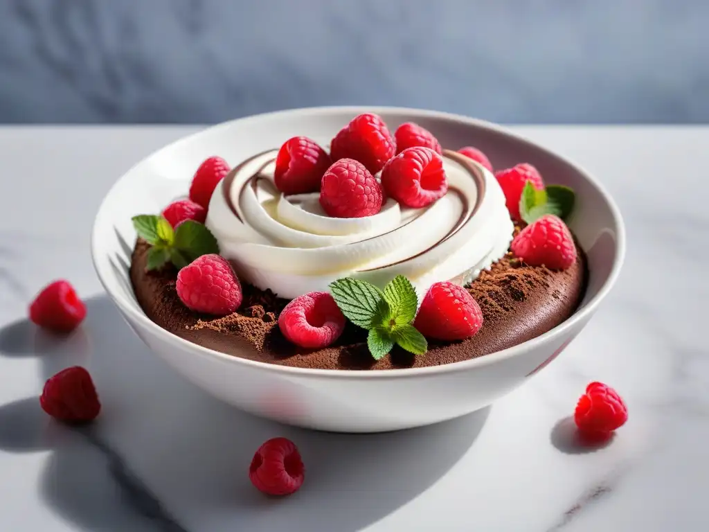 Una exquisita mousse vegana de chocolate con crema batida, frambuesas frescas y hojas de menta en un elegante bol blanco sobre encimera de mármol