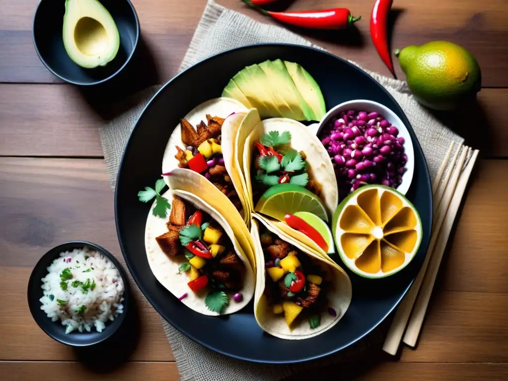 Una exquisita muestra de gastronomía vegana caribeña en una mesa de madera rústica