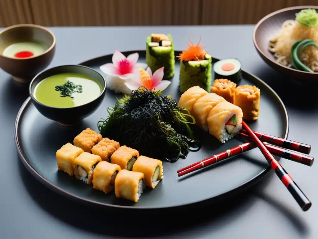 Una exquisita muestra de la gastronomía vegana en Japón tradicional, con platos coloridos y detallados en un elegante entorno japonés