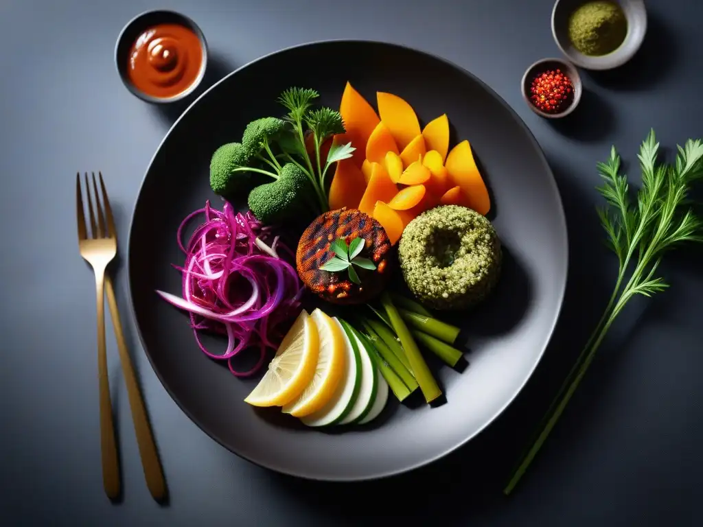 Una exquisita muestra de platos veganos de cocción baja temperatura, coloridos y vibrantes, bellamente presentados en un elegante plato moderno