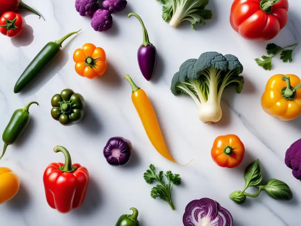 Una exquisita muestra de vegetales coloridos en mármol blanco, capturando la esencia de la cocción a baja temperatura vegana