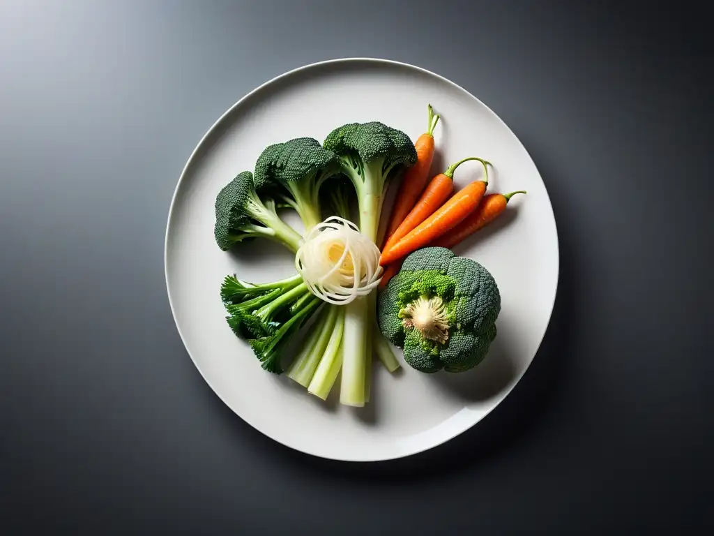 Una exquisita muestra de verduras vibrantes y blanqueadas con técnicas blanqueado verduras veganas perfectas en elegante presentación culinaria