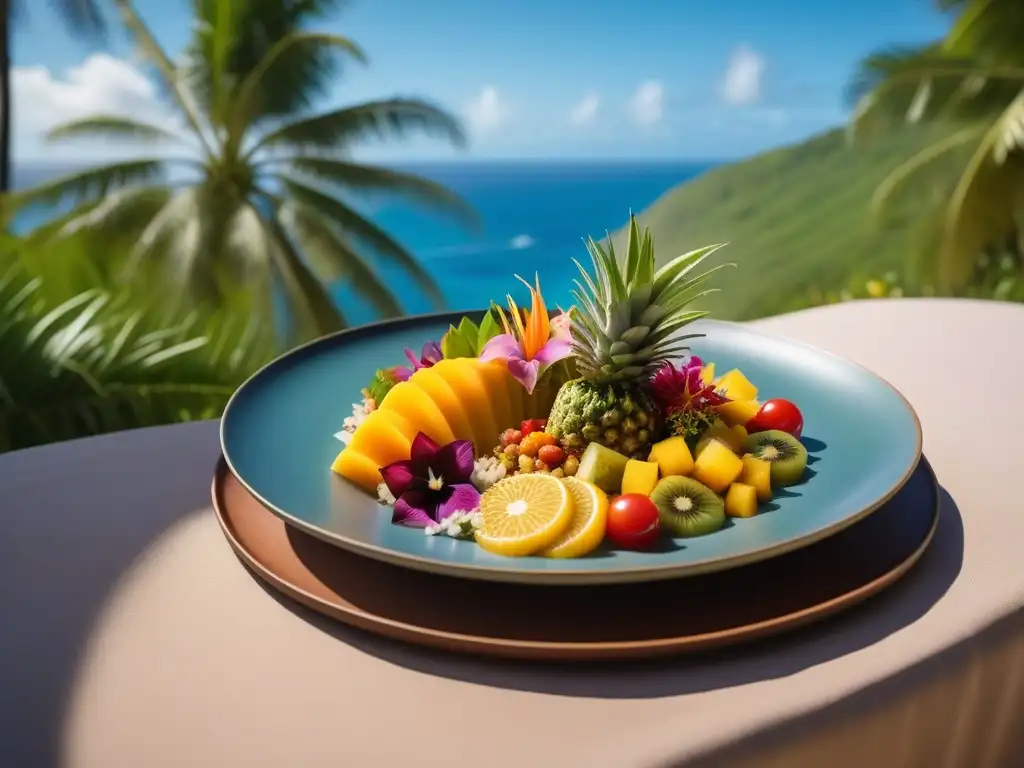 Una exquisita muestra de la vibrante gastronomía vegana caribeña, con frutas y verduras tropicales en un plato elegante, frente al mar