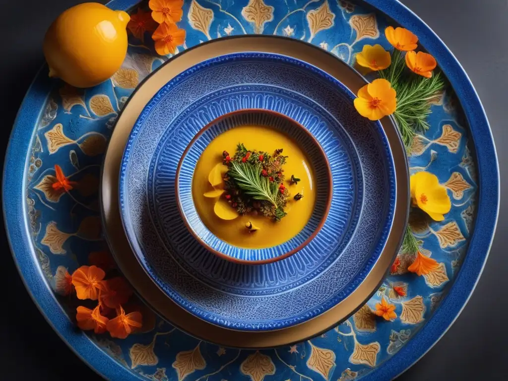 Deliciosa tagine vegana marroquí: sabores y colores exquisitos Una exquisita obra de arte culinaria vegana marroquí, con especias y verduras en un plato de cerámica artesanal sobre azulejos vibrantes