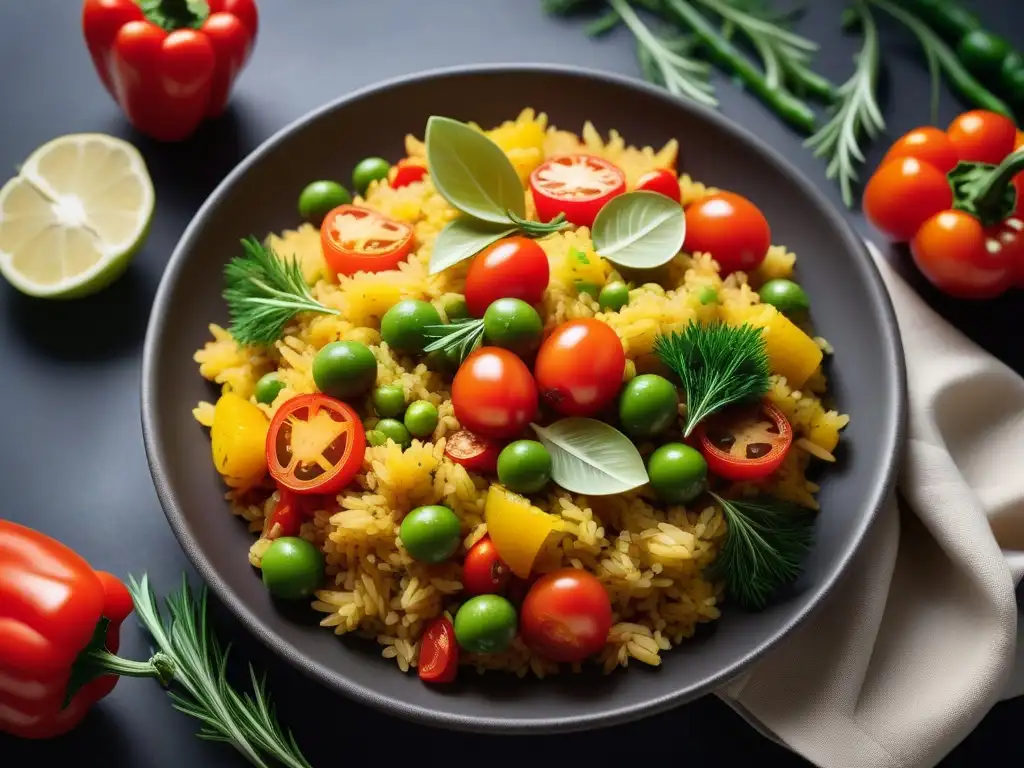 Una exquisita paella vegana fácil, colorida y vibrante con vegetales frescos y arroz de azafrán