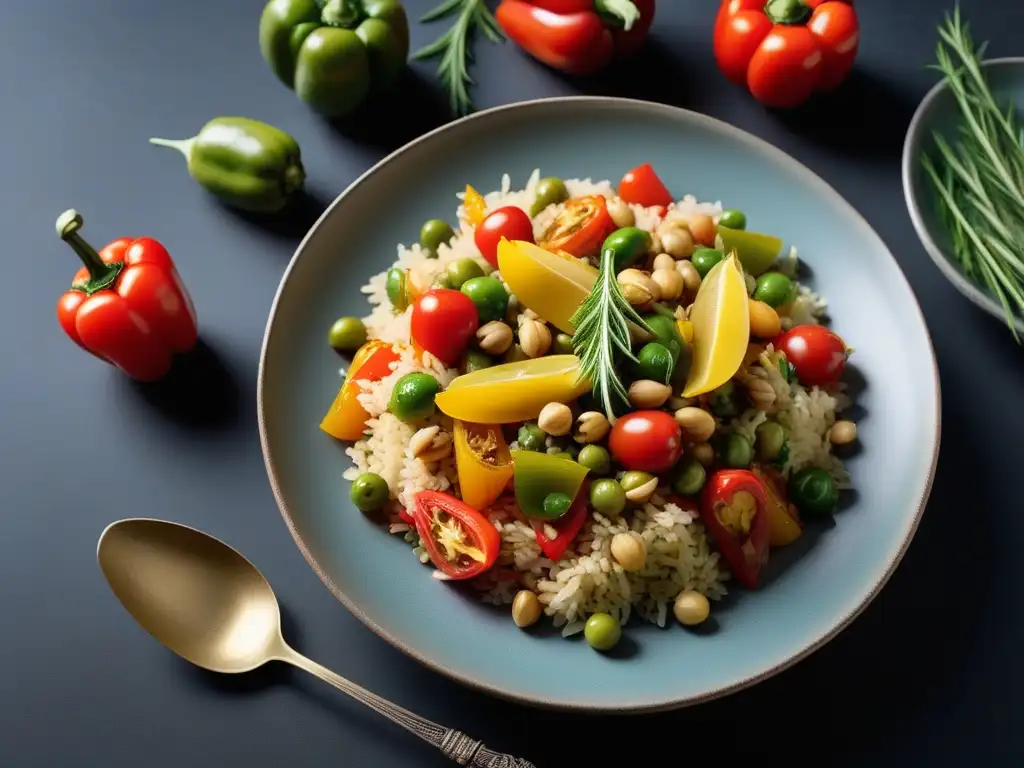 Una exquisita paella vegana mediterránea con proteínas vegetales y coloridas verduras frescas, presentada de forma moderna y elegante