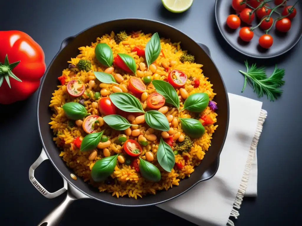 Una exquisita paella vegana, con vegetales vibrantes y granos perfectamente cocidos, en una cocina moderna con utensilios elegantes