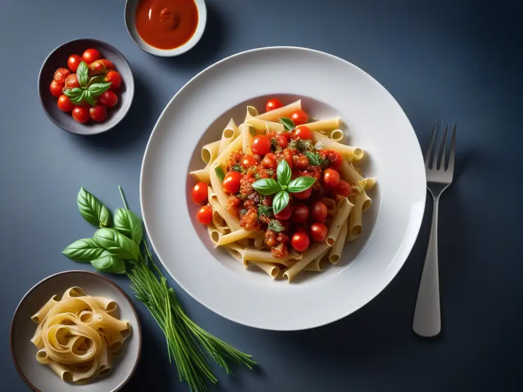 Una exquisita pasta gourmet con salsas veganas vibrantes y coloridas, perfectamente decorada