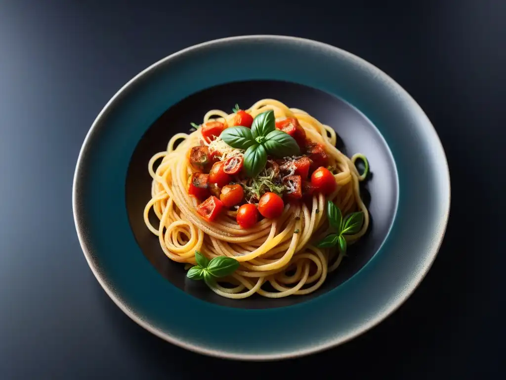 Exquisita pasta vegana gourmet con verduras en espiral, salsa de tomate y queso vegano, sobre un elegante plato moderno