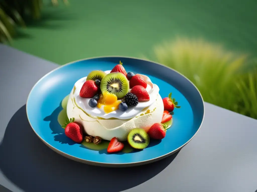 Una exquisita pavlova vegana australiana, colorida y vibrante, con frutas frescas en un entorno natural